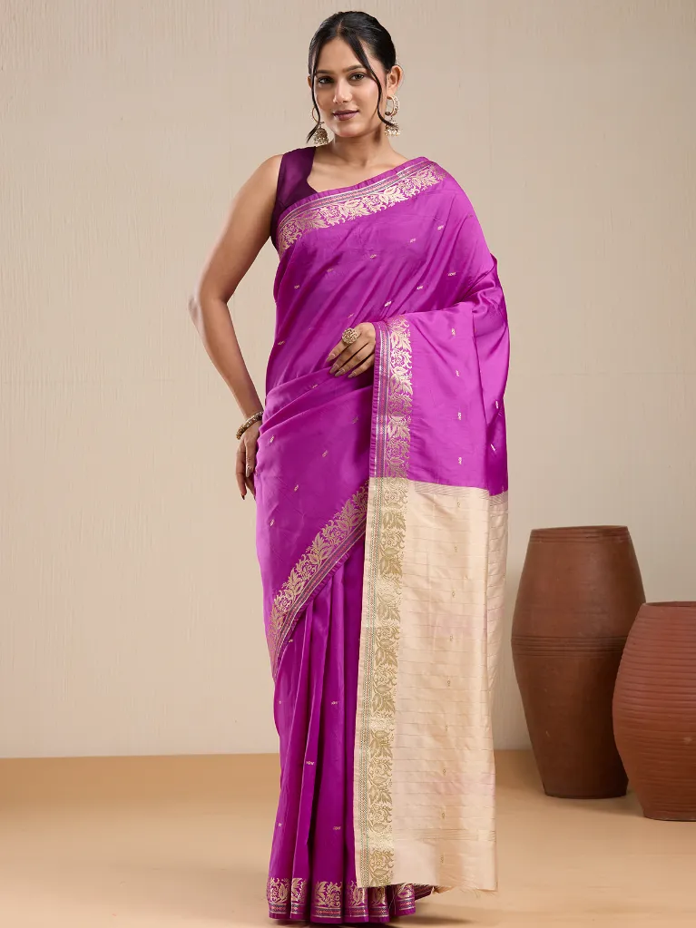 [VC26-EKA-D99-03] Vervee Couture Pink & Gold Zari Border Saree with Semi-Stitched Blouse | Eka