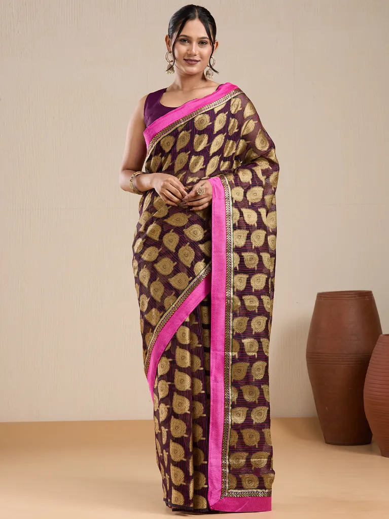 Vervee Couture Chocolate Brown & Hot Pink Leaf Printed Saree with Semi-Stitched Blouse | Eka