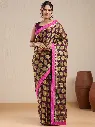 Vervee Couture Chocolate Brown & Hot Pink Leaf Printed Saree with Semi-stitched Blouse