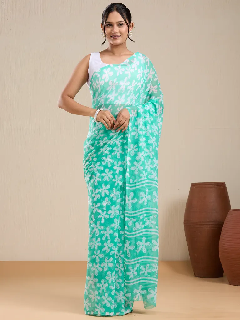 Vervee Couture Mint Green Floral Printed  Saree with Blouse Piece
