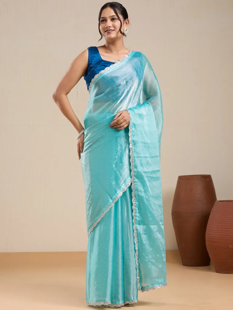 Vervee Couture Aqua Blue Georgette Saree with Silver Lace Border & Blouse