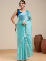Vervee Couture Aqua Blue Georgette Saree with Silver Lace Border & Blouse