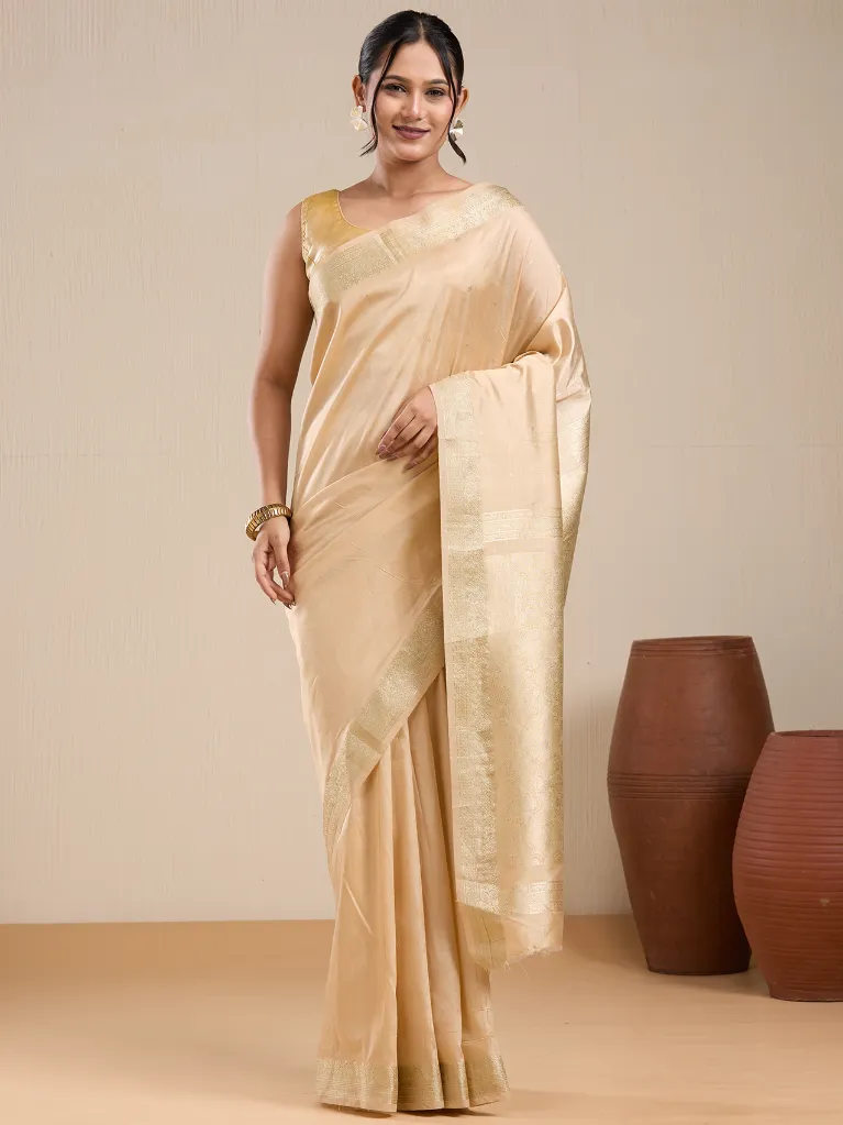 Vervee Couture Champagne Gold Silk Saree with Elegant Zari Border & Blouse