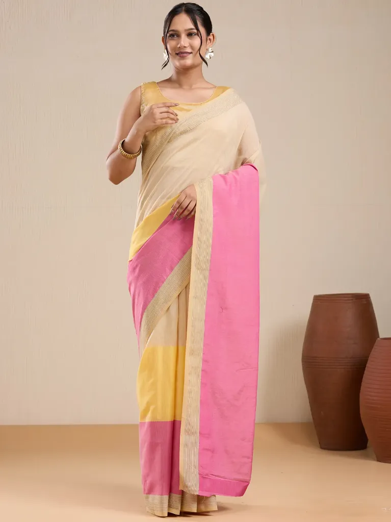 Vervee Couture Cream & Blush Pink Colorblock Silk Saree with Subtle Zari Border & Blouse