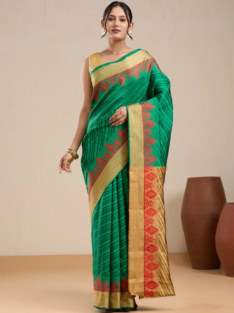 Vervee Couture Emerald Green Striped Silk Saree with Red Floral Zari Border & Blouse