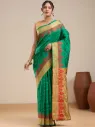 Vervee Couture Emerald Green Striped Silk Saree with Red Floral Zari Border & Blouse