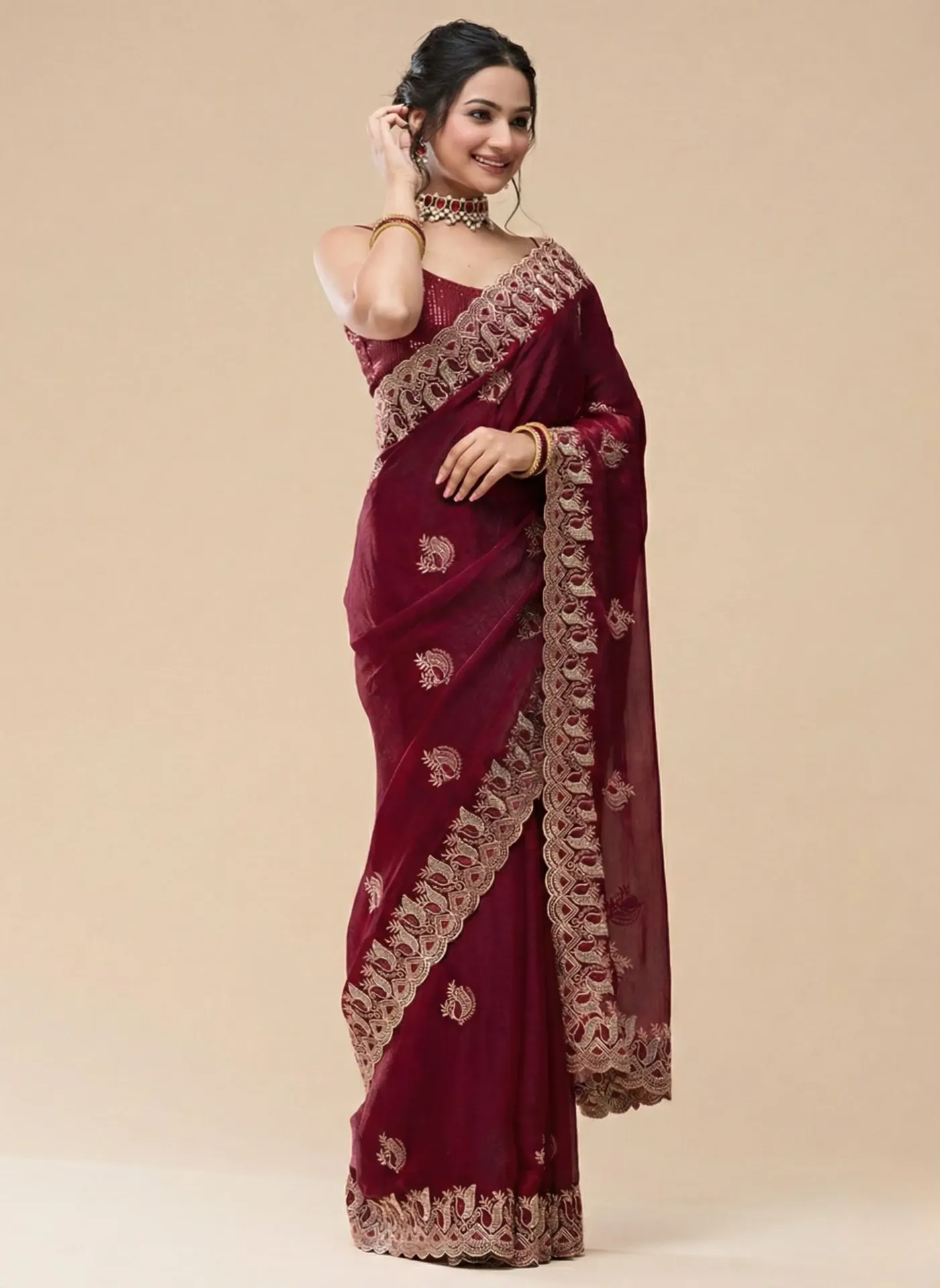 [VC26-PEAHEAN-D29-01] Vervee Couture Deep Wine Maroon Silk Blend Saree | Peahean