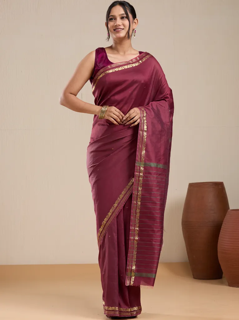 Vervee Couture Wine Maroon Silk Saree with Gold Zari Border & Blouse