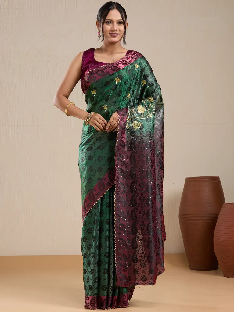 [VC26-EKA-D99-73] Vervee Couture Forest Green & Plum Dual-Tone Printed Saree with Semi-Stitched Blouse | Eka