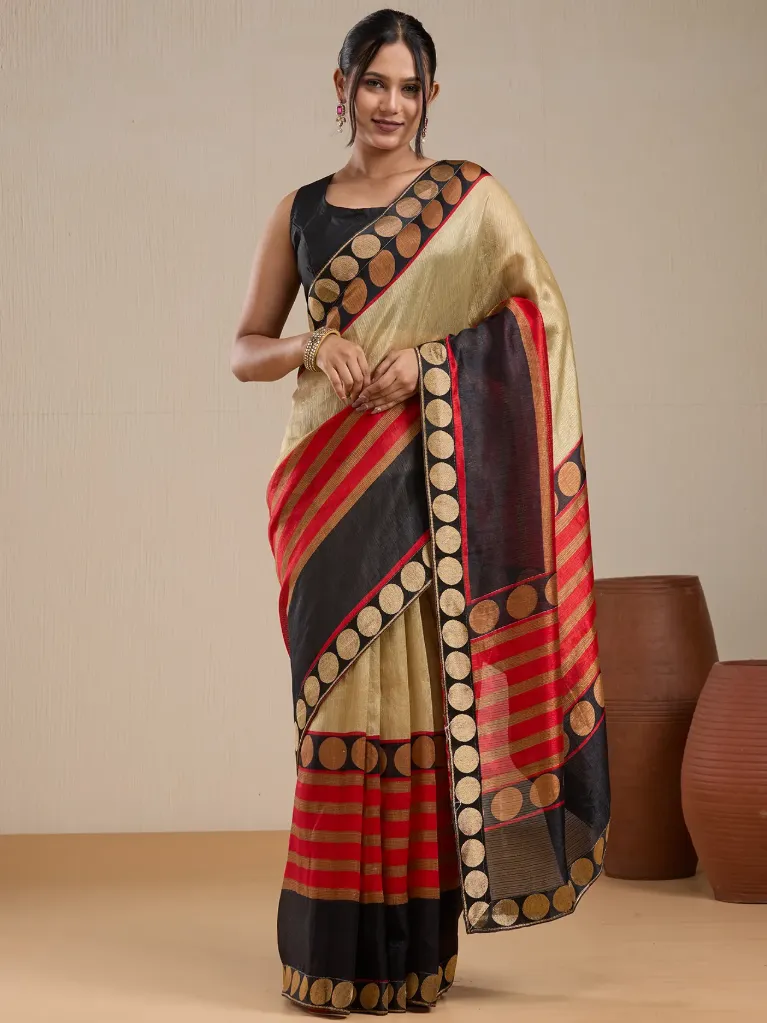 [VC26-EKA-D99-74] Vervee Couture Gold, Black & Red Contrast Border Saree with Semi-Stitched Blouse | Eka