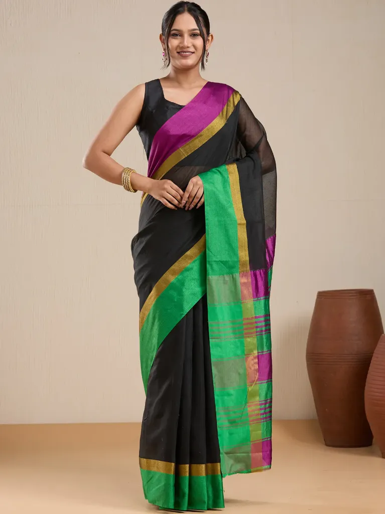 Vervee Couture Black, Emerald Green & Magenta Contrast Border Saree with Semi-stitched Blouse | Eka