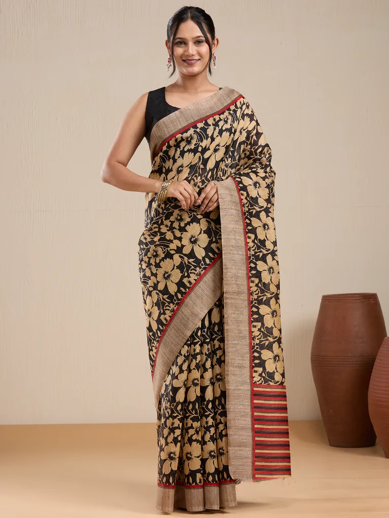 [VC26-EKA-D99-10] Vervee Couture Black & Beige Floral Printed Saree with Semi-Stitched Blouse | Eka