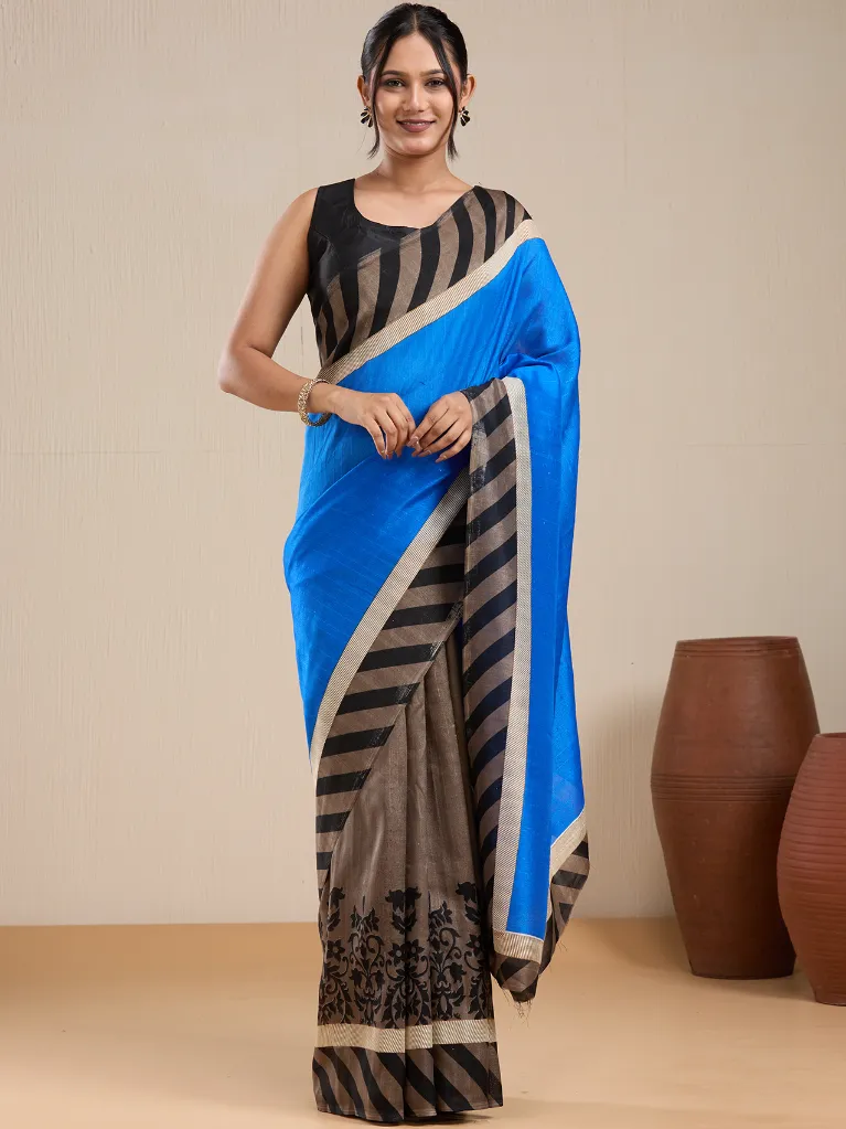 [VC26-EKA-D99-176] Vervee Couture Royal Blue & Black Striped Contrast Saree with Semi-Stitched Blouse | Eka
