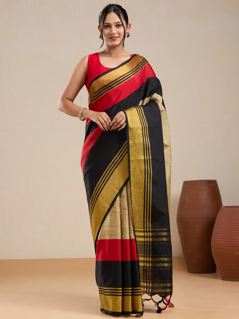 [VC26-EKA-D99-170] Vervee Couture Red, Black & Gold Striped Border Saree with Semi-Stitched Blouse | Eka