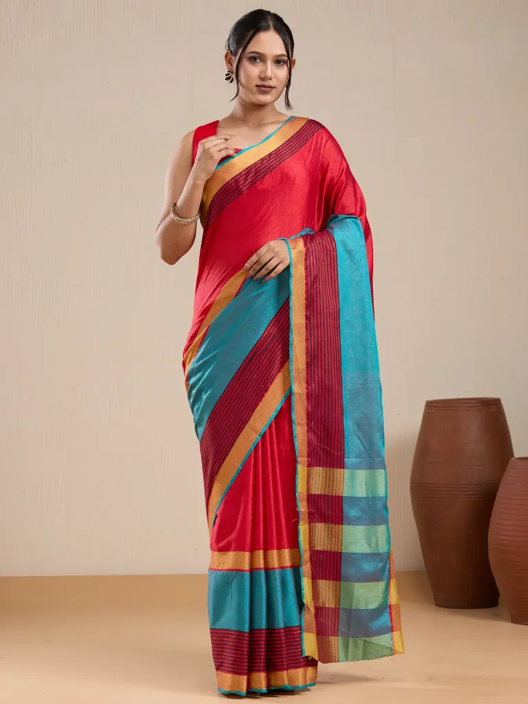 Vervee Couture Red & Teal Dual-Tone Saree with Gold Zari Striped Border and Blouse
