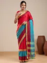 Vervee Couture Red & Teal Dual-Tone Saree with Gold Zari Striped Border and Blouse