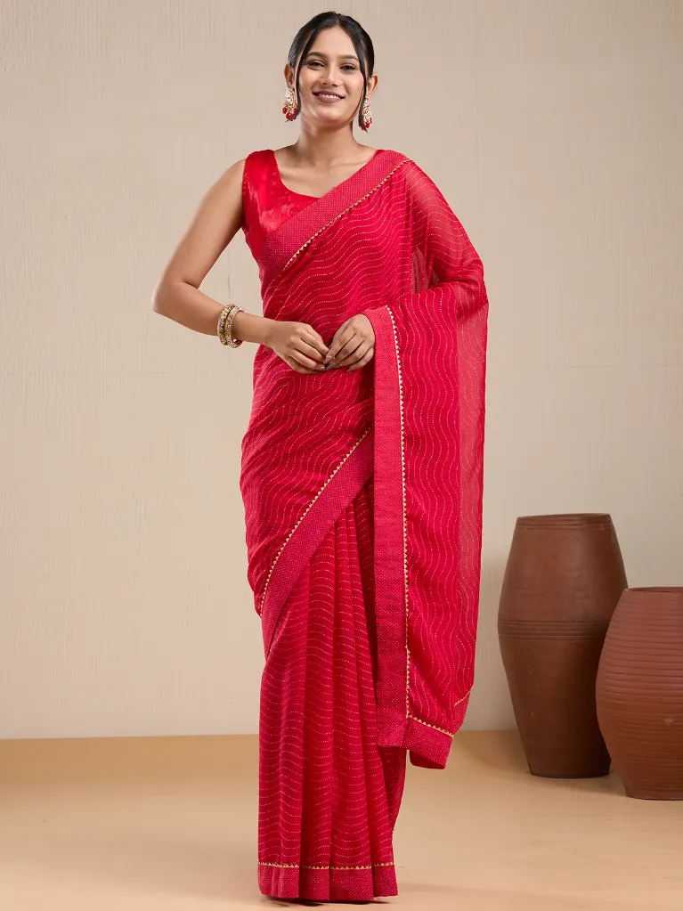 Vervee Couture Red Georgette Saree with Semi-Stitched Blouse | Eka