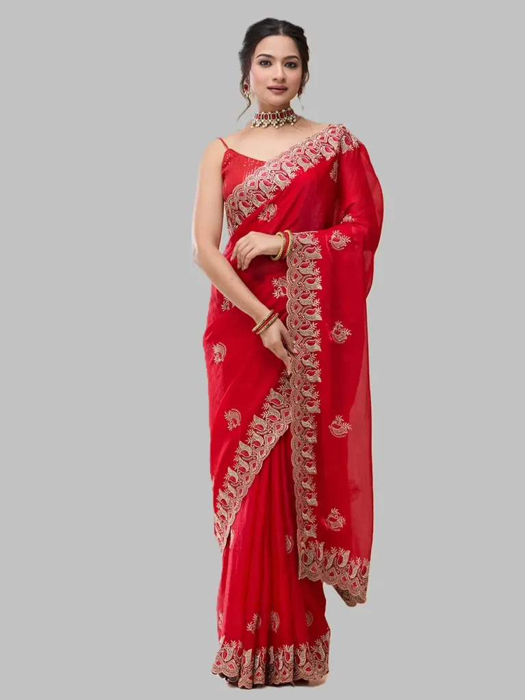 [VC26-PEAHEAN-D29-02] Vervee Couture Bright Red Silk Blend Saree | Peahean