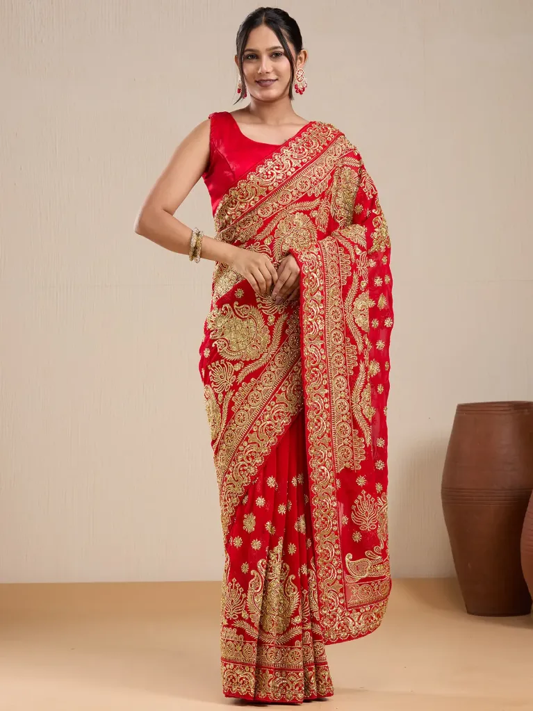 Vervee Couture Bridal Red Georgette Saree with Heavy Gold Zari & Semi-Stitched Blouse | Eka