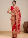 Vervee Couture Bridal Red Georgette Saree with Heavy Gold Zari & Semi-Stitched Blouse | Eka