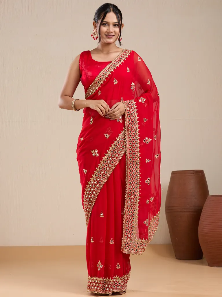 Vervee Couture Red Georgette Saree with Semi-Stitched Blouse | Eka