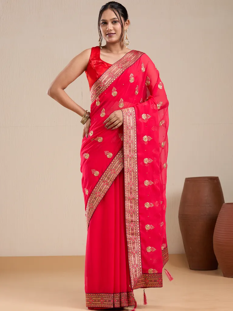 [VC26-EKA-D99-03] Vervee Couture Red Georgette Saree with Semi-Stitched Blouse | Eka