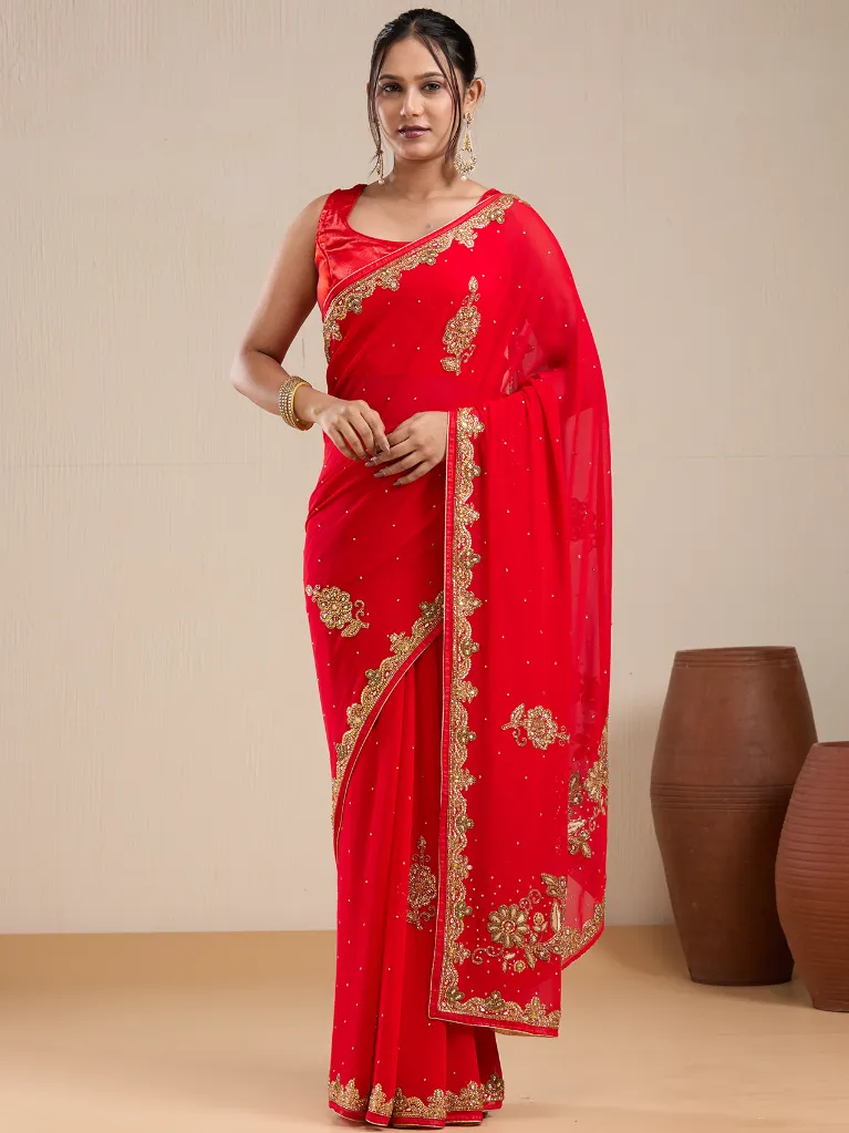 [VC26-EKA-D99-42] Vervee Couture Classic Red Georgette Saree with Semi-Stitched Blouse | Eka