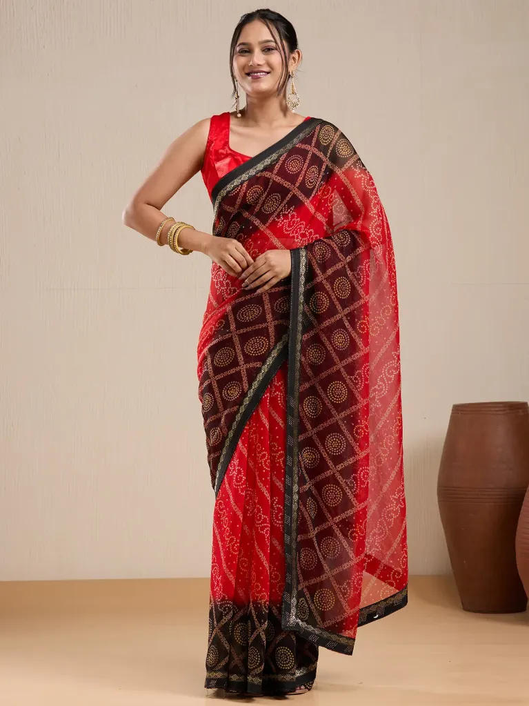 [VC26-EKA-D99-154] Vervee Couture Red & Black Printed Saree with Semi-Stitched Blouse | Eka