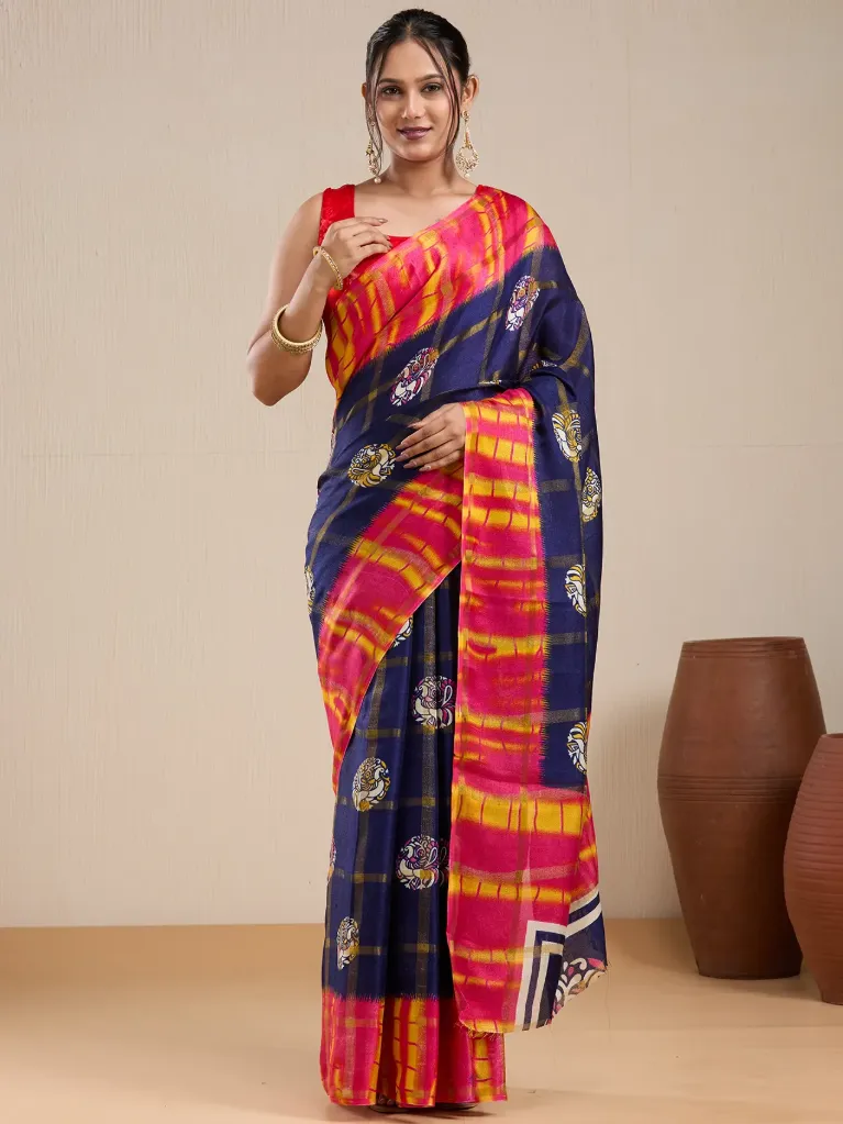 Vervee Couture Navy Blue & Pink Saree with Semi-Stitched Blouse Piece