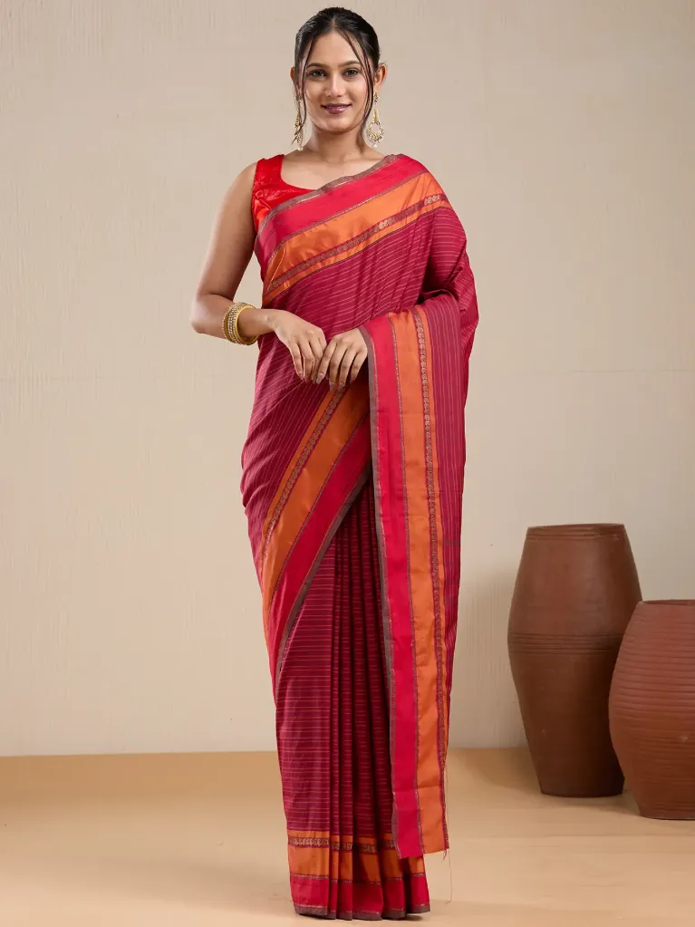 [VC26-EKA-D99-86] Vervee Couture Maroon & Orange Striped Saree with Semi-Stitched Blouse | Eka
