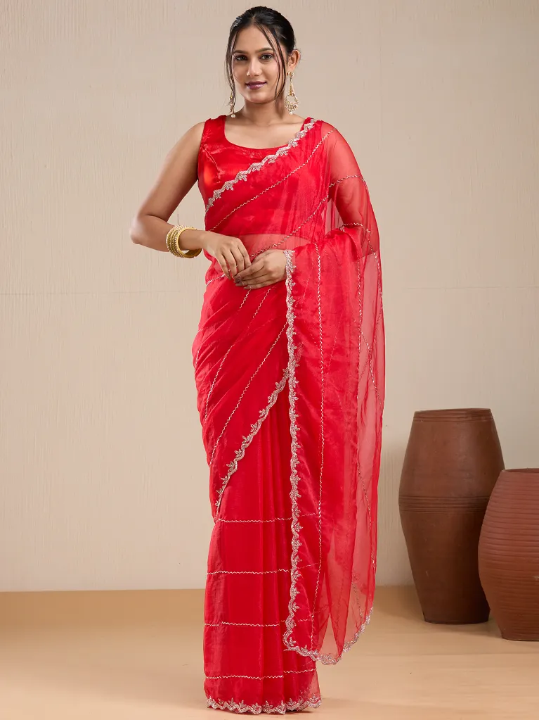 [VC26-EKA-D99-158] Vervee Couture Red Georgette Saree with Semi-Stitched Blouse | Eka