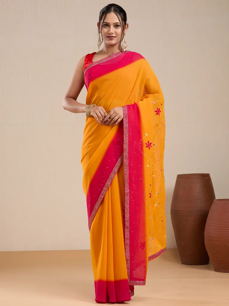 [VC26-EKA-D99-102] Vervee Couture Mustard & Pink Georgette Saree with Semi-Stitched Blouse | Eka
