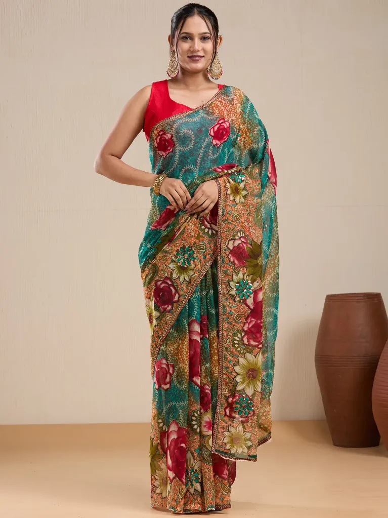 [VC26-EKA-D99-211] Vervee Couture Teal & Multicolour Floral Printed Saree with Semi-Stitched Blouse | Eka