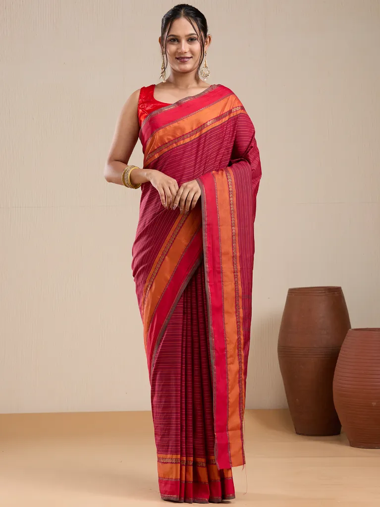[VC26-EKA-D99-84] Vervee Couture Maroon & Orange Striped Saree with Semi-Stitched Blouse | Eka