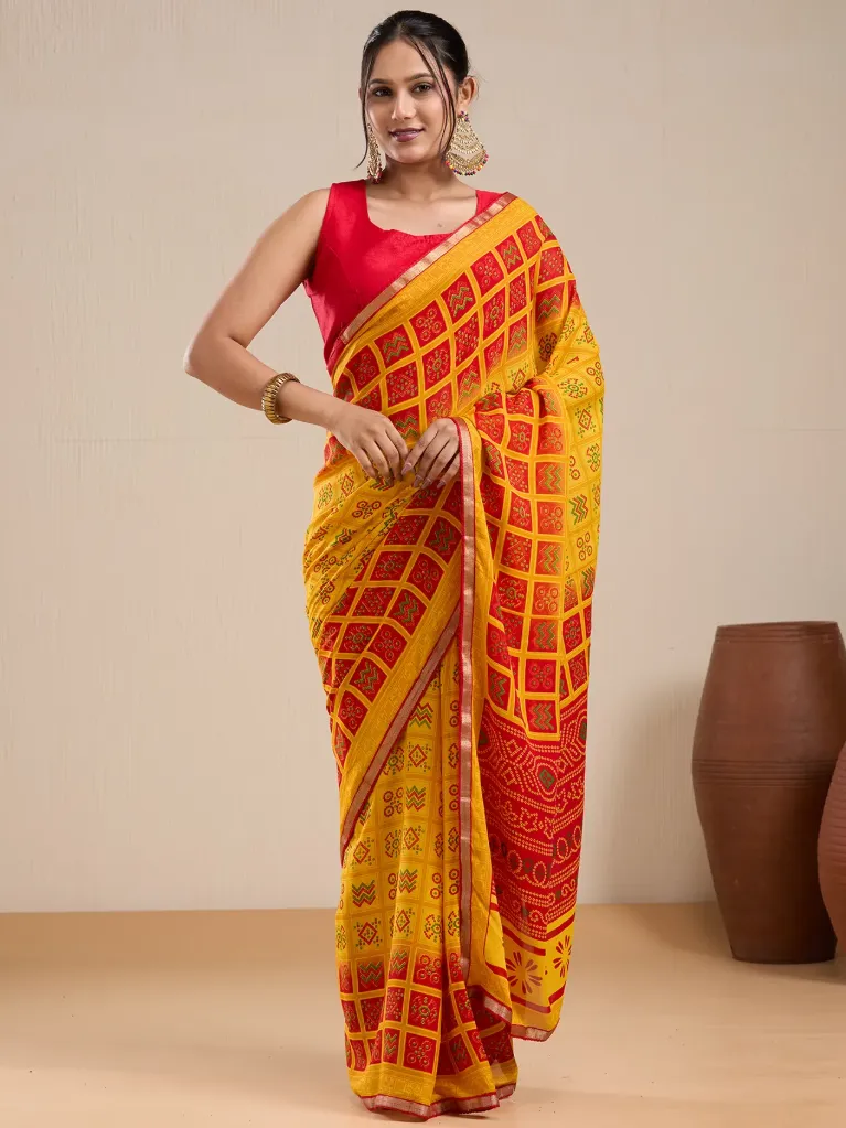 [VC26-EKA-D99-230] Vervee Couture Yellow & Red Traditional Printed Saree with Semi-Stitched Blouse | Eka