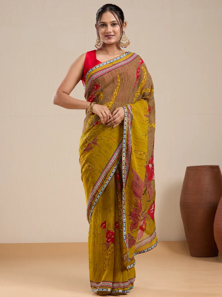 [VC26-EKA-D99-101] Vervee Couture Mustard & Brown Floral Printed Saree with Semi-Stitched Blouse | Eka