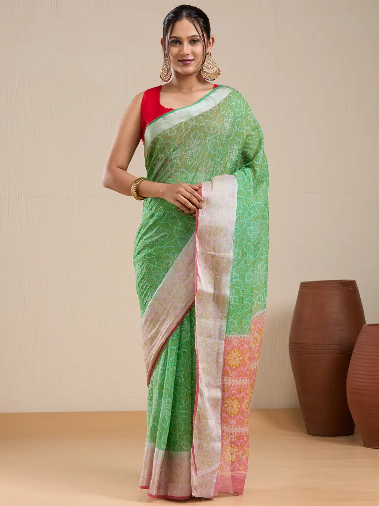 [VC26-EKA-D99-95] Vervee Couture Mint Green Printed Saree with Semi-Stitched Blouse | Eka