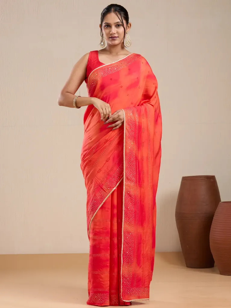 Vervee Couture Coral Orange Georgette Saree with Semi-Stitched Blouse