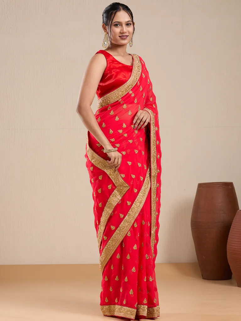 Vervee Couture Red Georgette Saree with Semi-Stitched Blouse | Eka