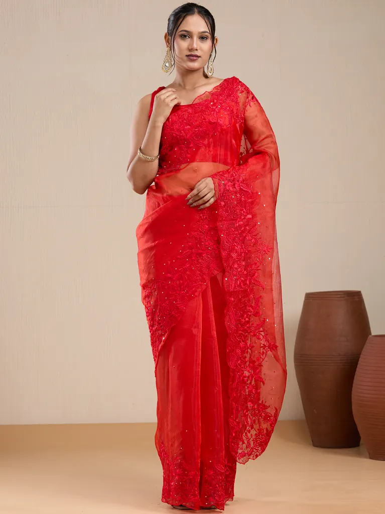 [VC26-EKA-D99-160] Vervee Couture Red Georgette Saree with Semi-Stitched Blouse | Eka