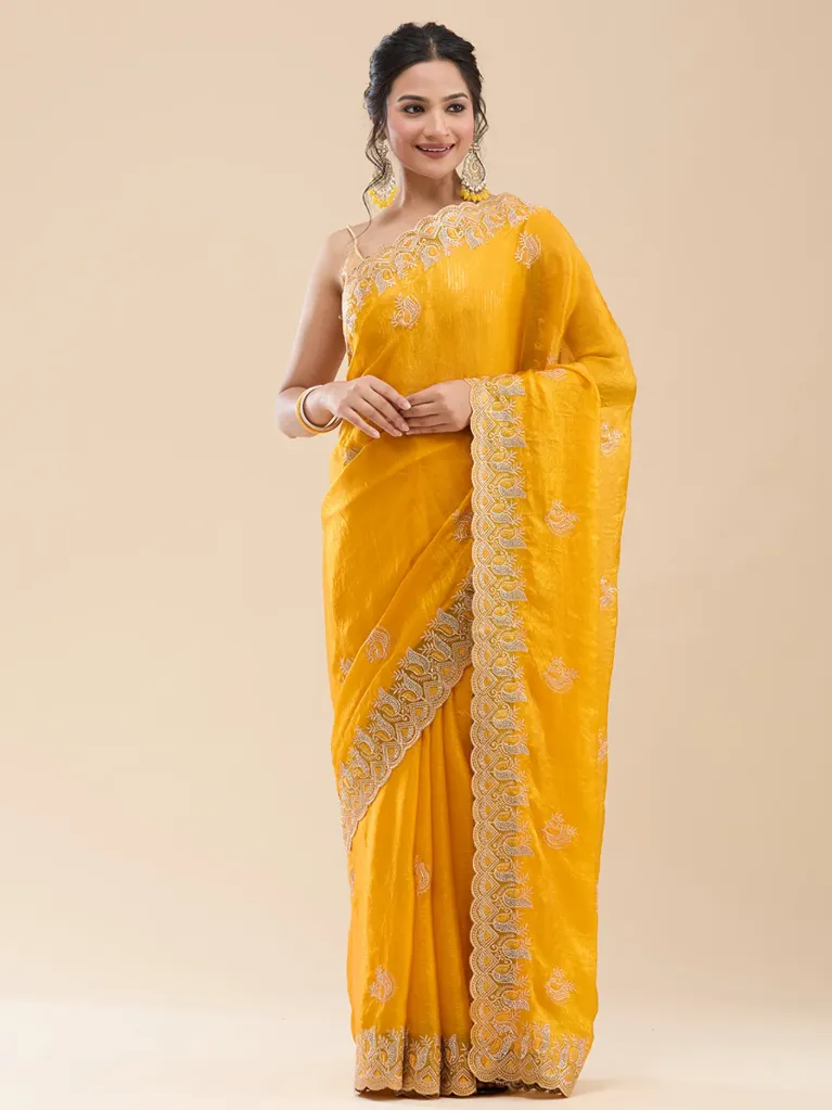 [VC26-PEAHEAN-D29-04] Vervee Couture Warm Mustard Yellow Silk Blend Saree | Peahean