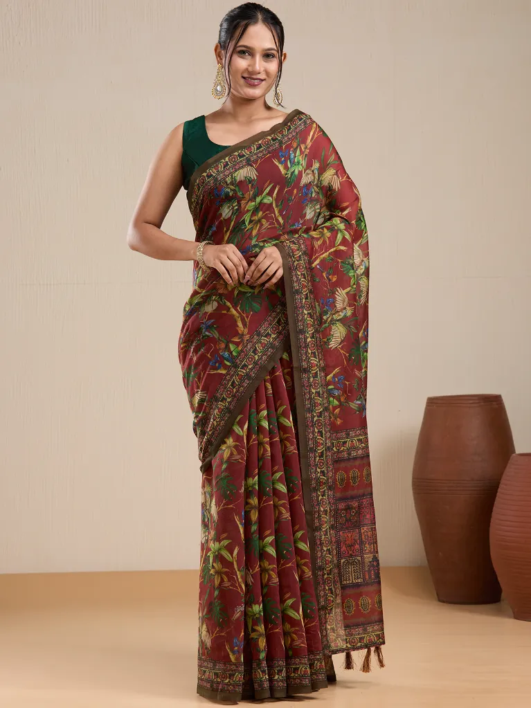 Vervee Couture Wine Red Floral Printed Saree with Semi-Stitched Blouse