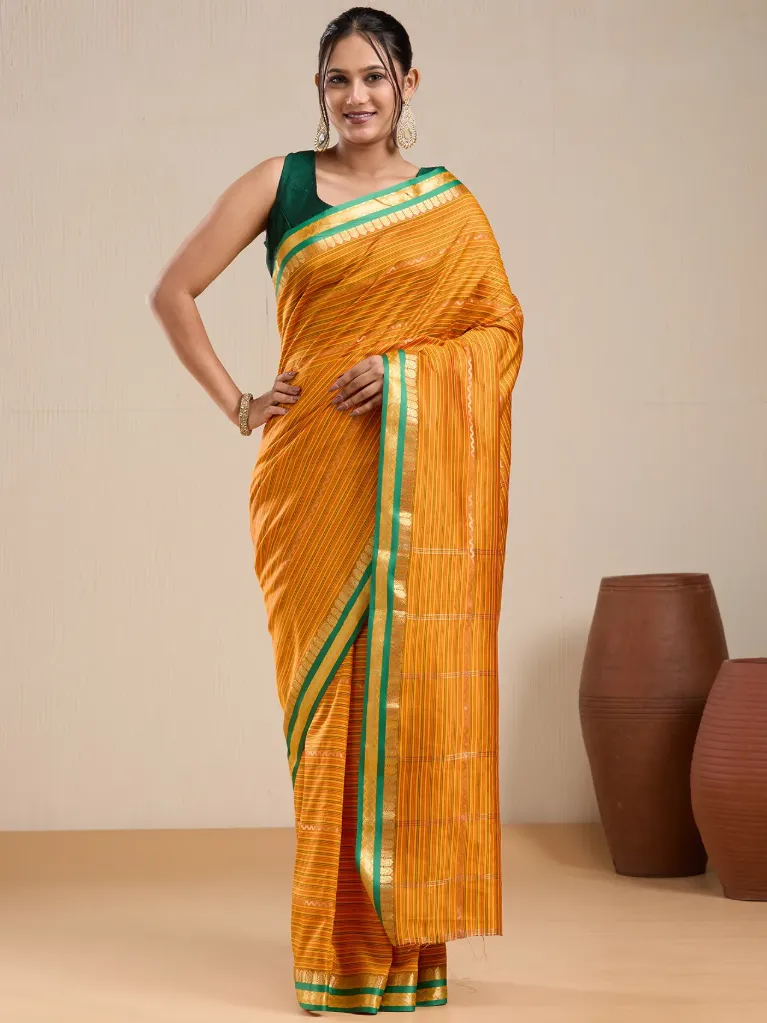 [VC26-EKA-D99-110] Vervee Couture Mustard Yellow Striped Saree with Semi-Stitched Blouse | Eka