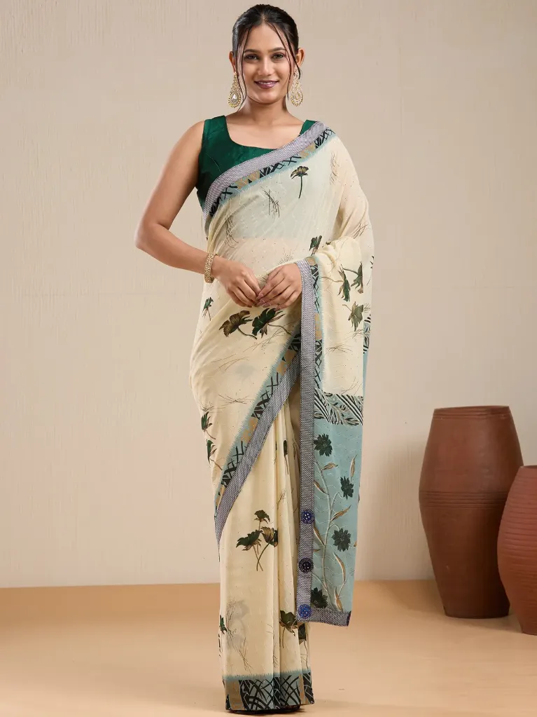 [VC26-EKA-D99-53] Vervee Couture Cream Floral Printed Saree with Semi-Stitched Blouse | Eka