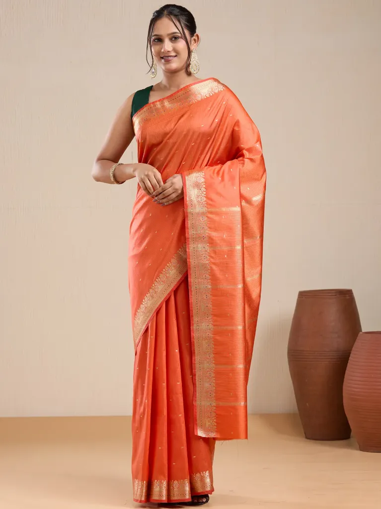 Vervee Couture Orange Zari Woven Saree with Semi-Stitched Blouse | Eka