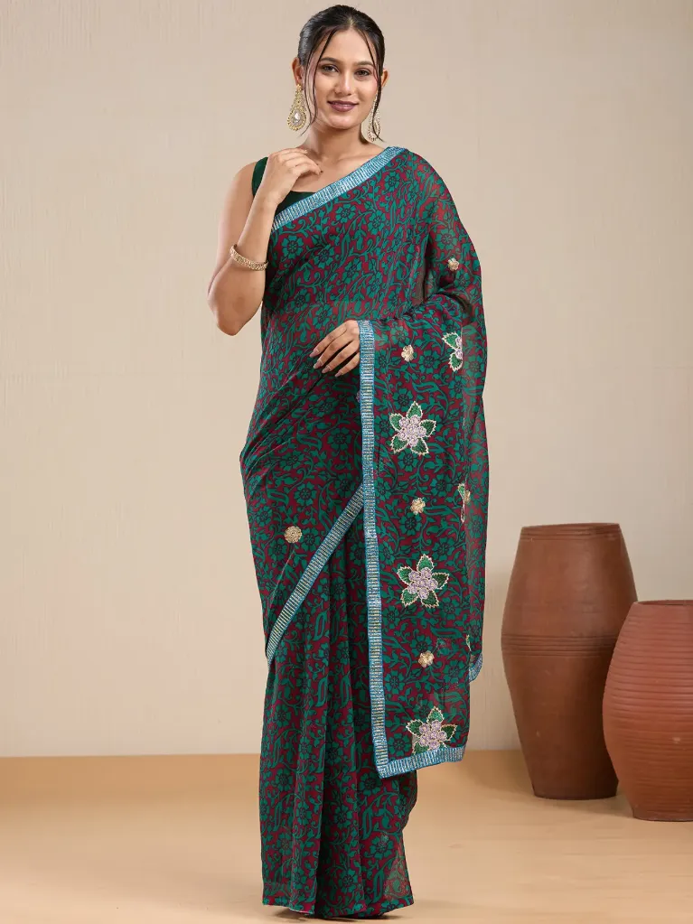 Vervee Couture Teal Green Floral Printed Saree with Semi-Stitched Blouse