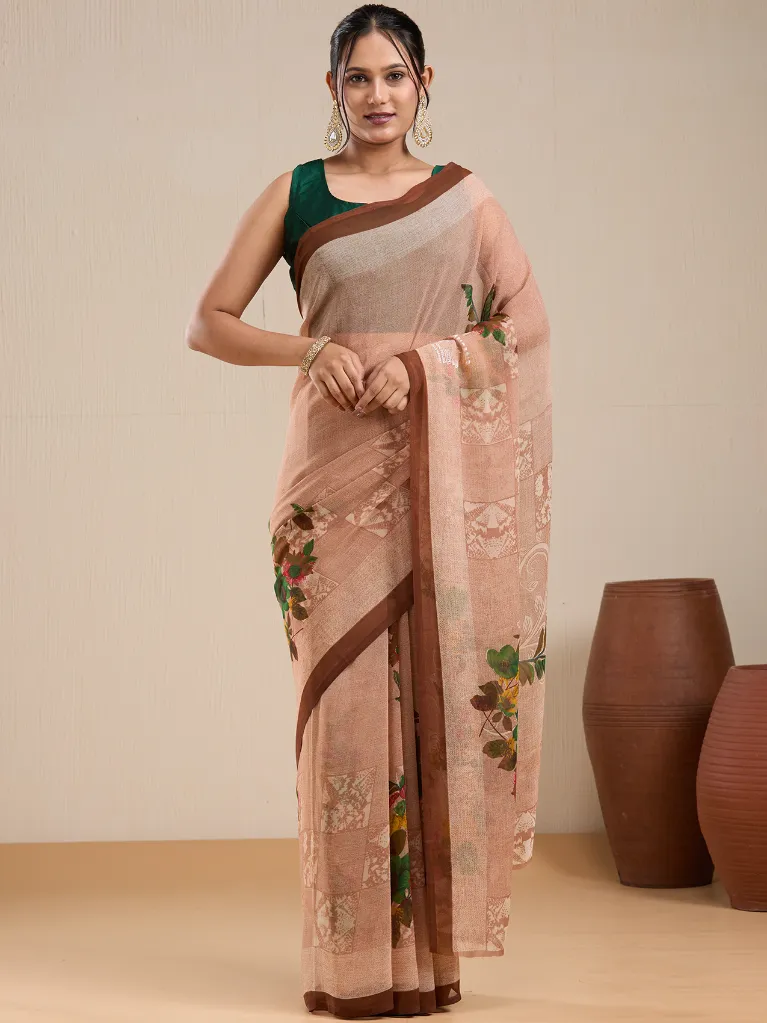 Vervee Couture Beige Floral Printed Saree with Semi-Stitched Blouse | Eka