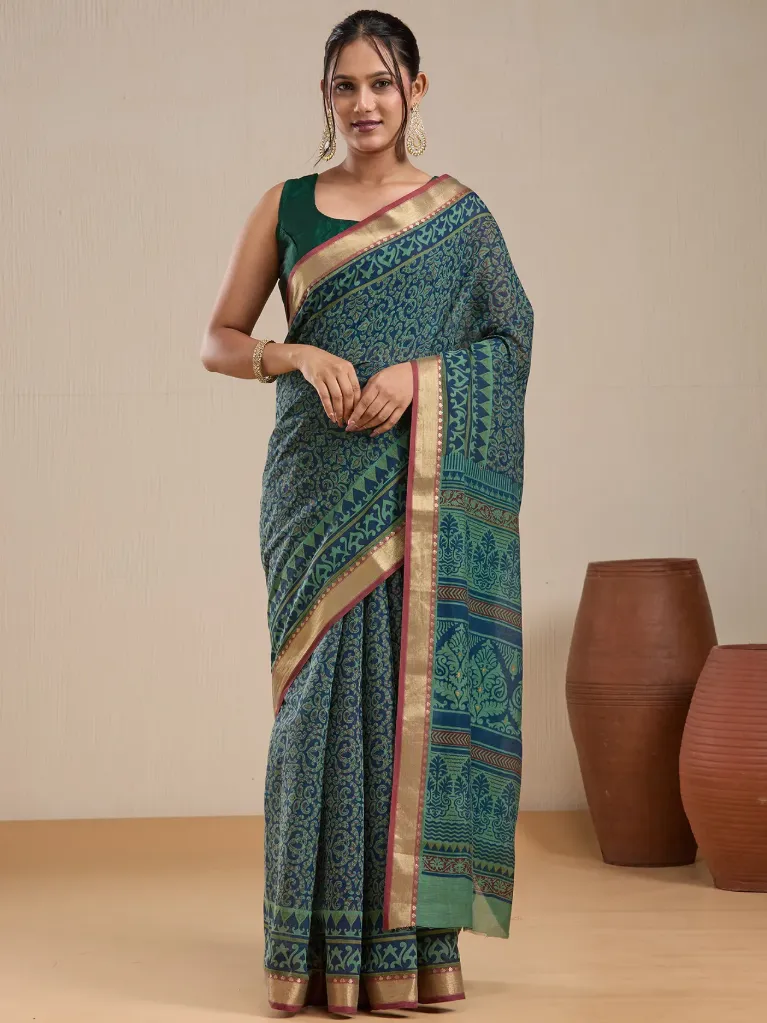 Vervee Couture Teal Blue & Green Printed Saree with Semi-Stitched Blouse | Eka