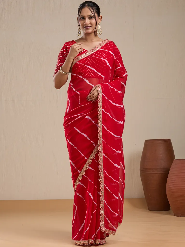 [VC26-EKA-D99-164] Vervee Couture Red Georgette Saree with Semi-Stitched Blouse | Eka