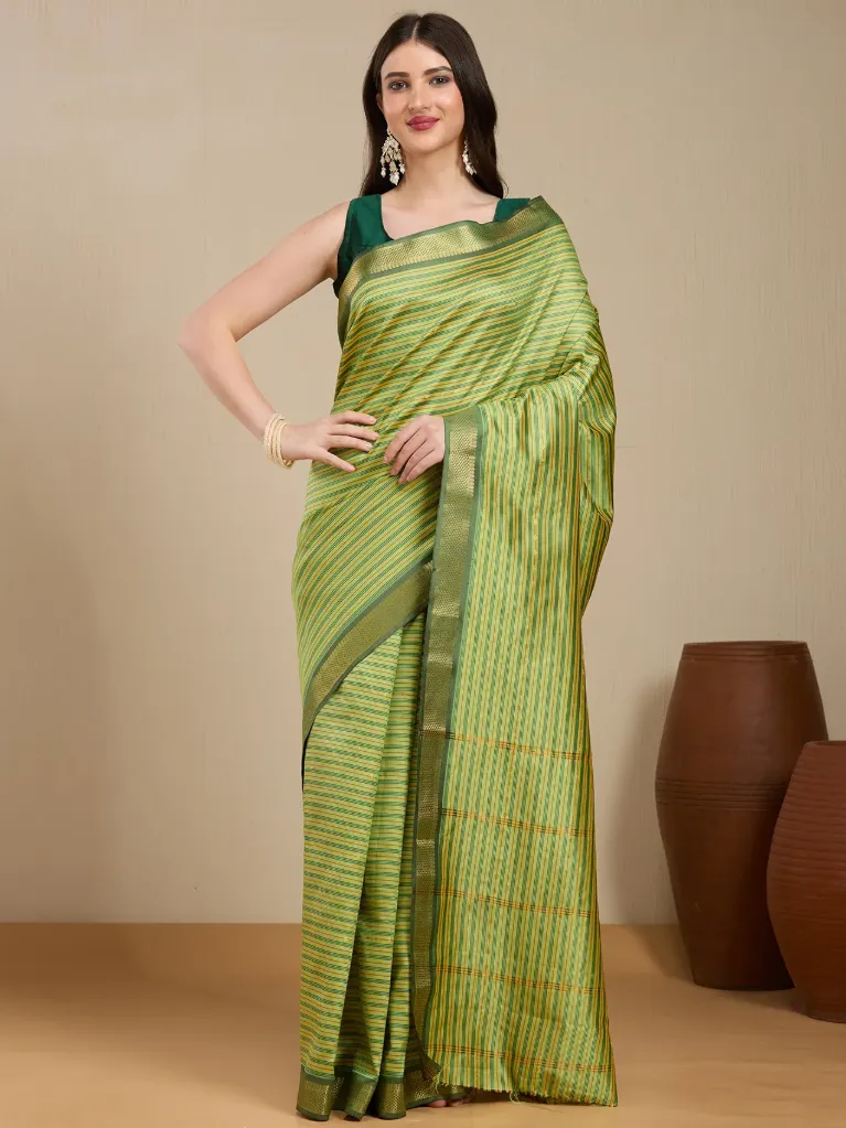 Vervee Couture Olive Green Striped Saree with Semi-Stitched Blouse | Eka